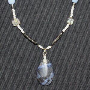 Dark Blue Sodalite and Hematite Artisan Necklace 15 - 16"